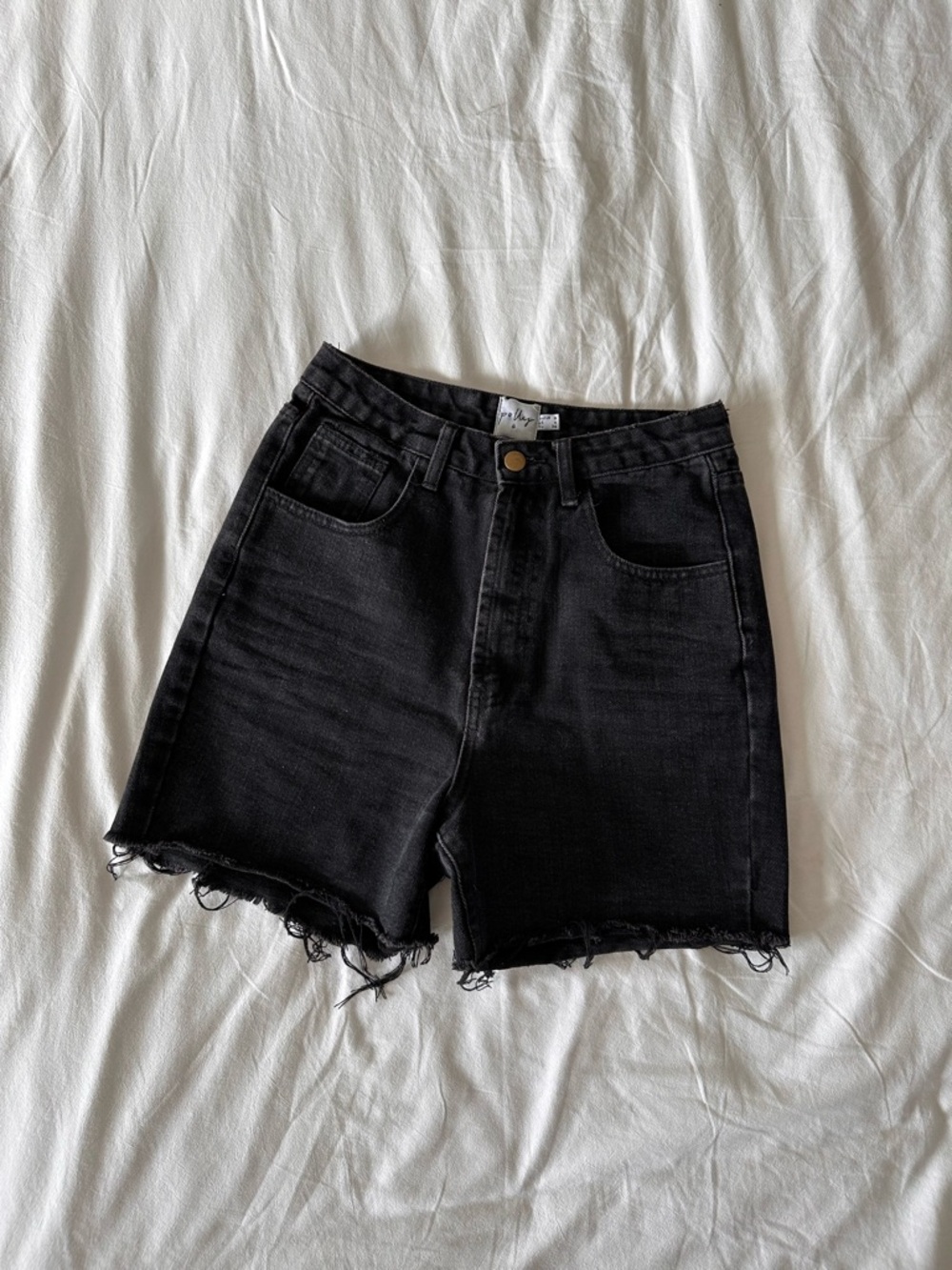 Princess Polly Black High-Rise Raw Hem Denim Shorts